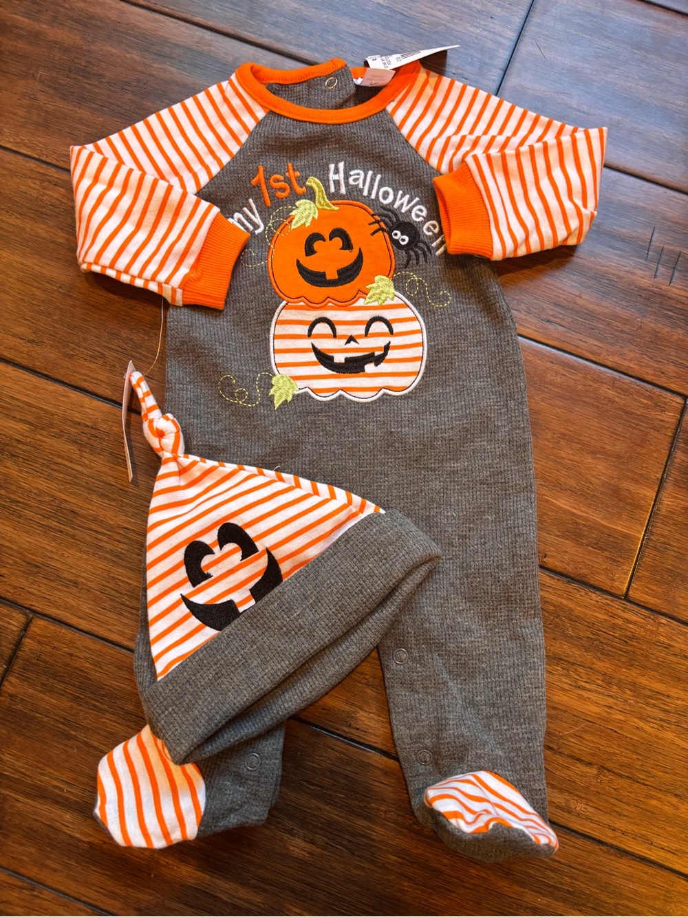 Cracker Barrel Gray and Orange 'My 1st Halloween' Pumpkin Footie with Hat